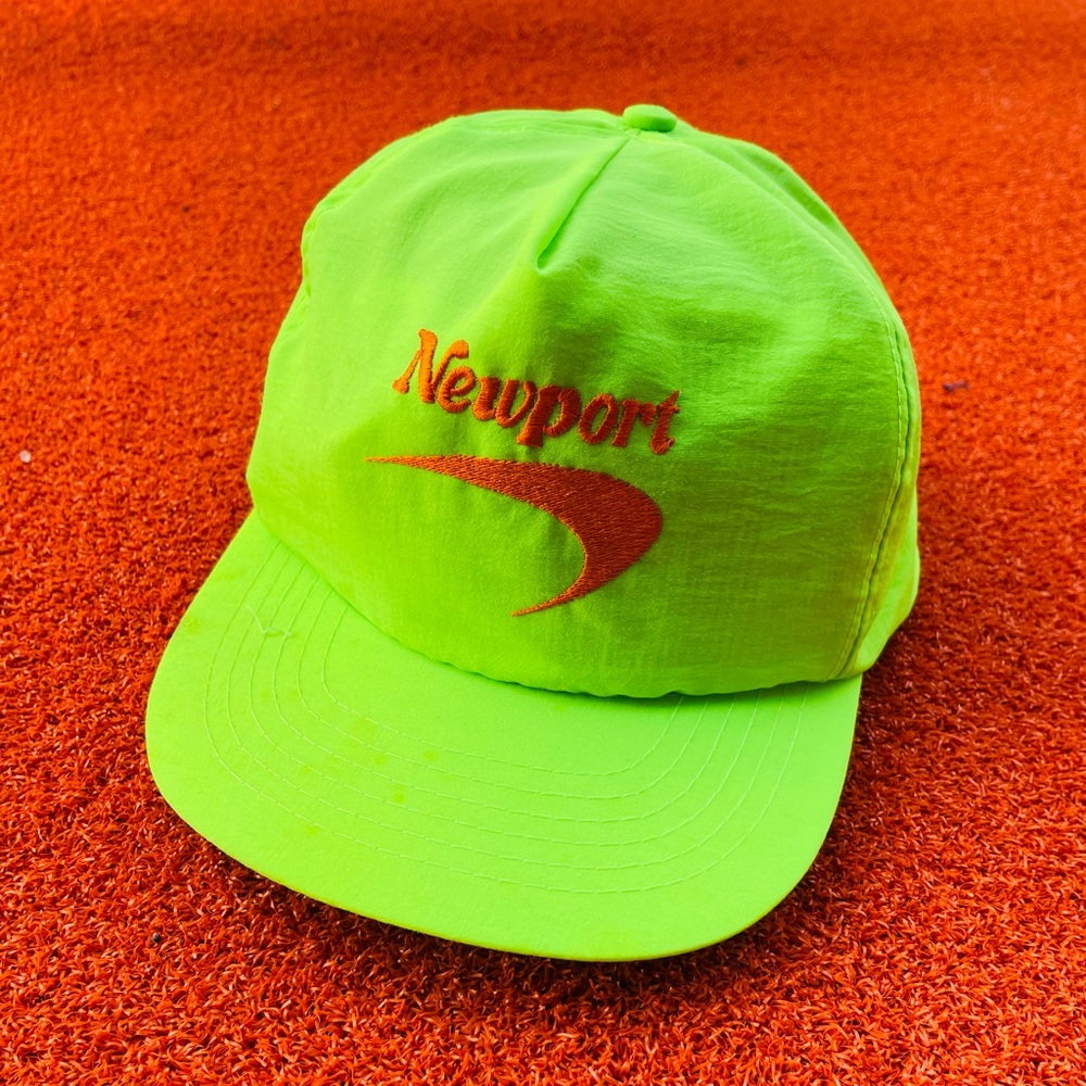 Vintage Newport Cigarette Cap Lime Green Orange Embroidered Nylon Adjustable